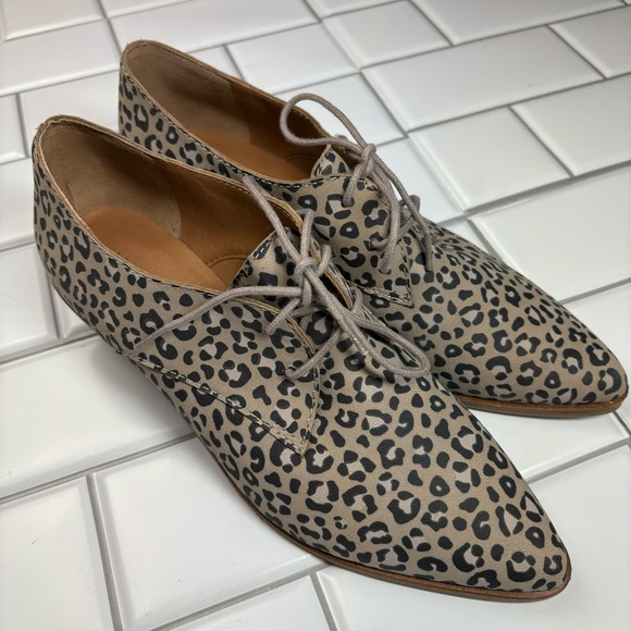 Lucky Brand Womens Erreka Lace-Up Leather Oxford Titanium Romo Leopard Size 8M - Picture 2 of 12